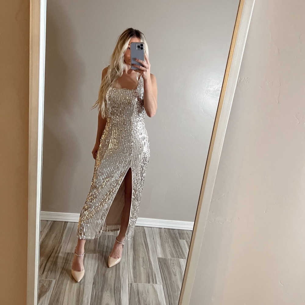 Show Me Your MuMu “Eden Midi Dress” (Platinum Party Sequins)